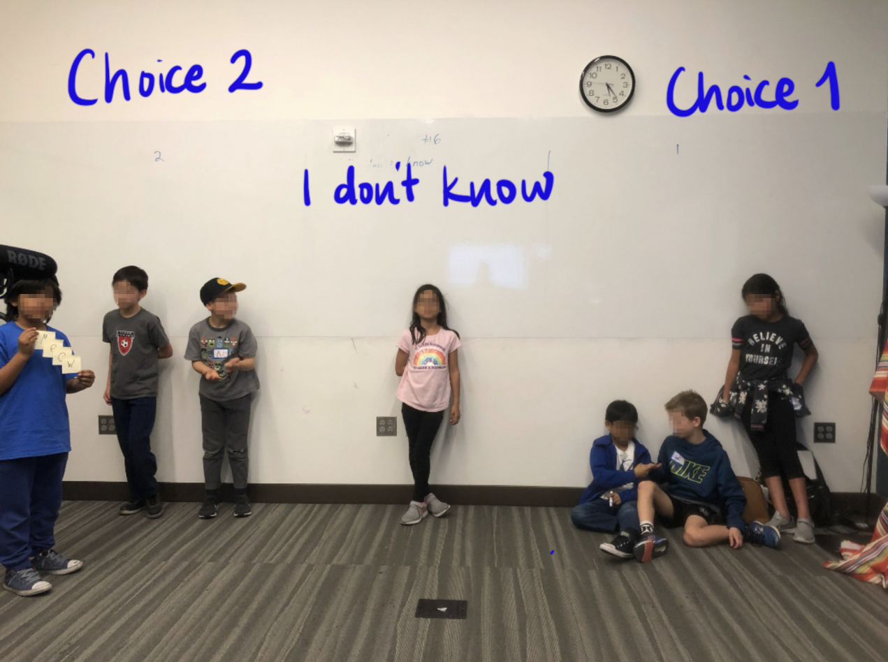 Joan Ganz Cooney Center Co-Design with Kids Toolkit:Co-Designers using the "Would You Rather" technique in person.